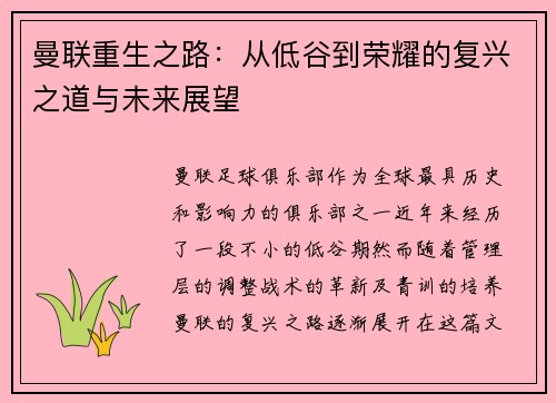 曼联重生之路：从低谷到荣耀的复兴之道与未来展望